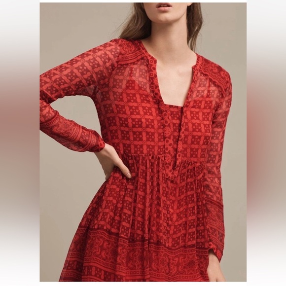 Maeve Anthropologie Canna Swing Dress Aztec Red Sheer Orange Red Size 8 - Picture 2 of 15